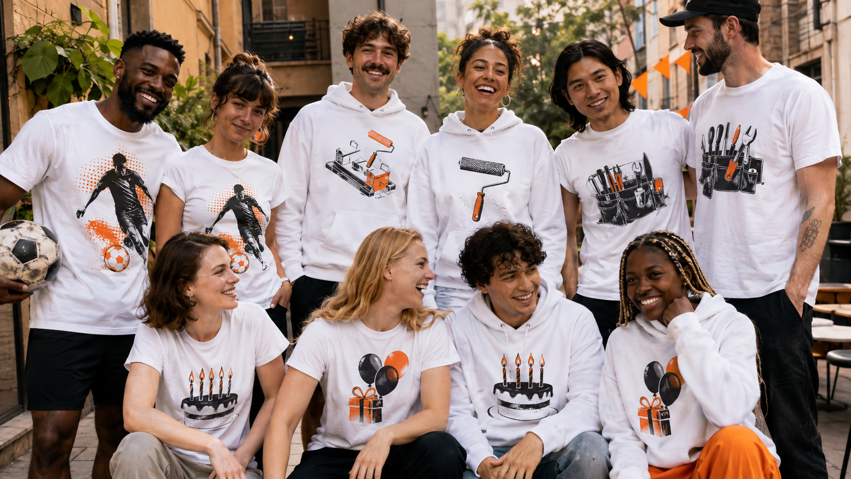 Grupo con camisetas personalizadas para cumpleaños, fútbol y trabajo