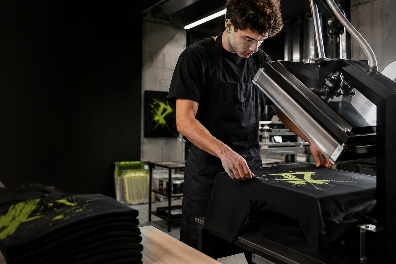 Taller de estampación textil trabajando sobre una camiseta negra