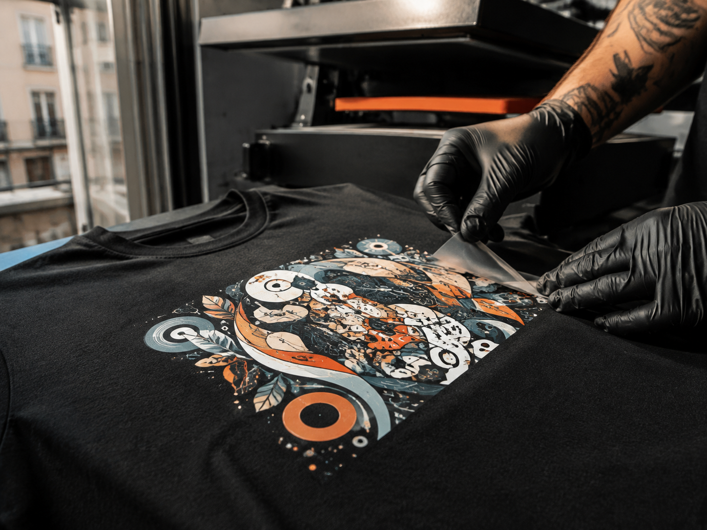 Acabado DTF a todo color sobre camiseta negra